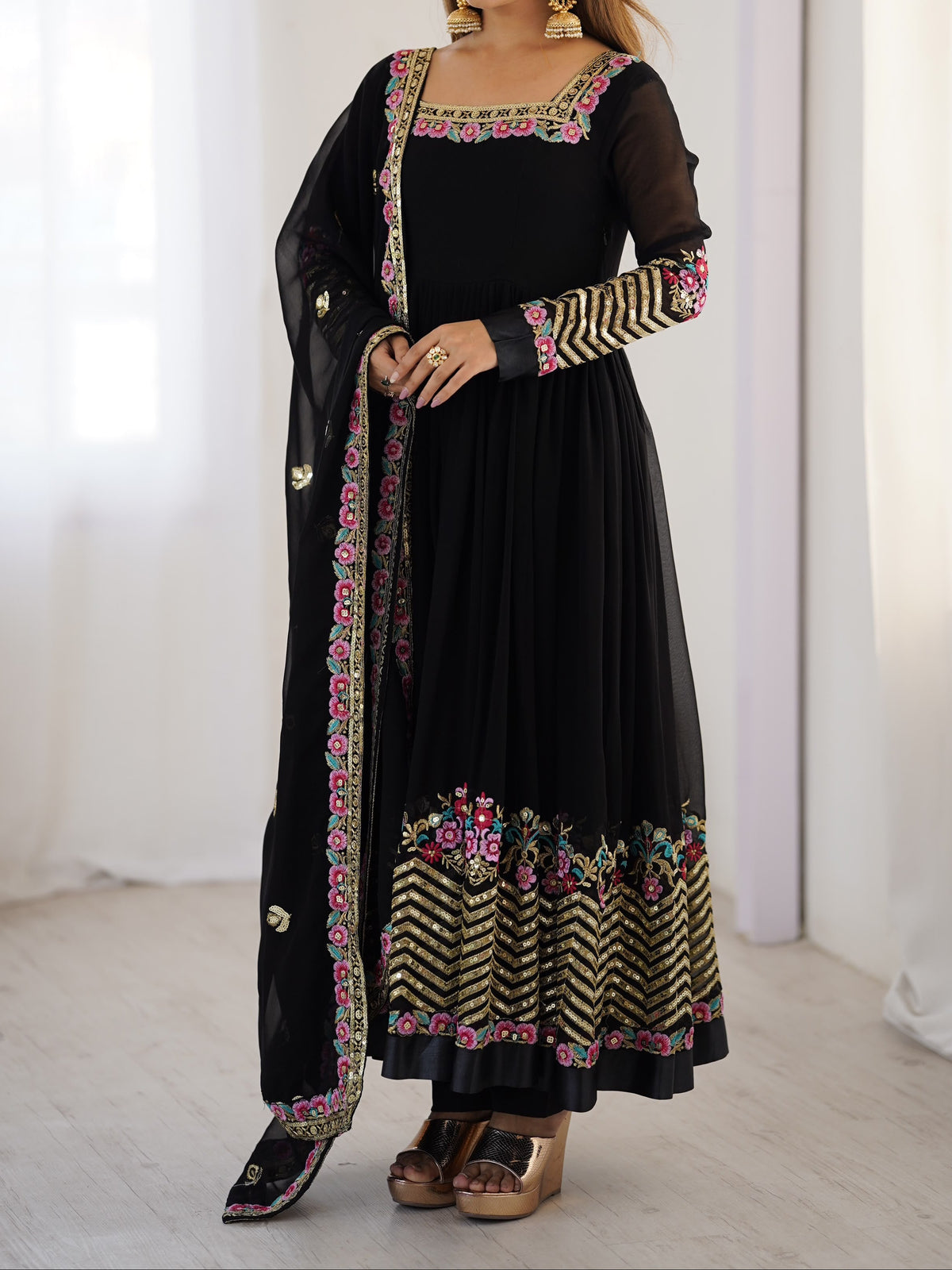 Heavy Georgette Wedding Wear Embroidery Work Long Anarkali Set