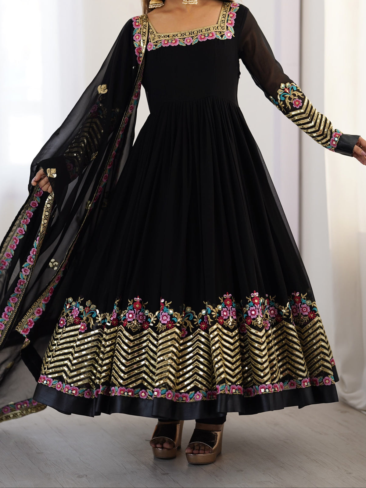 Heavy Georgette Wedding Wear Embroidery Work Long Anarkali Set