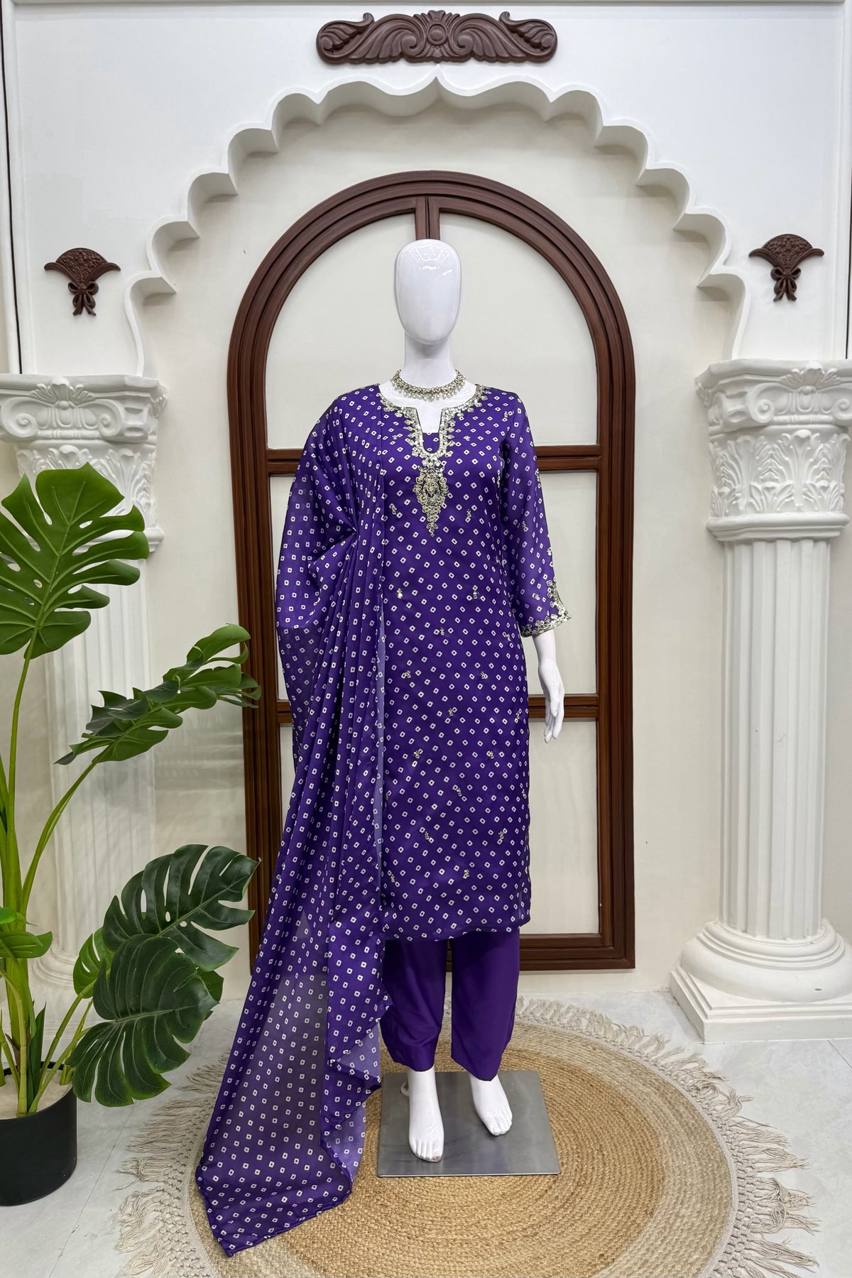 Royal Purple Georgette Straight Suit with Sequin Work