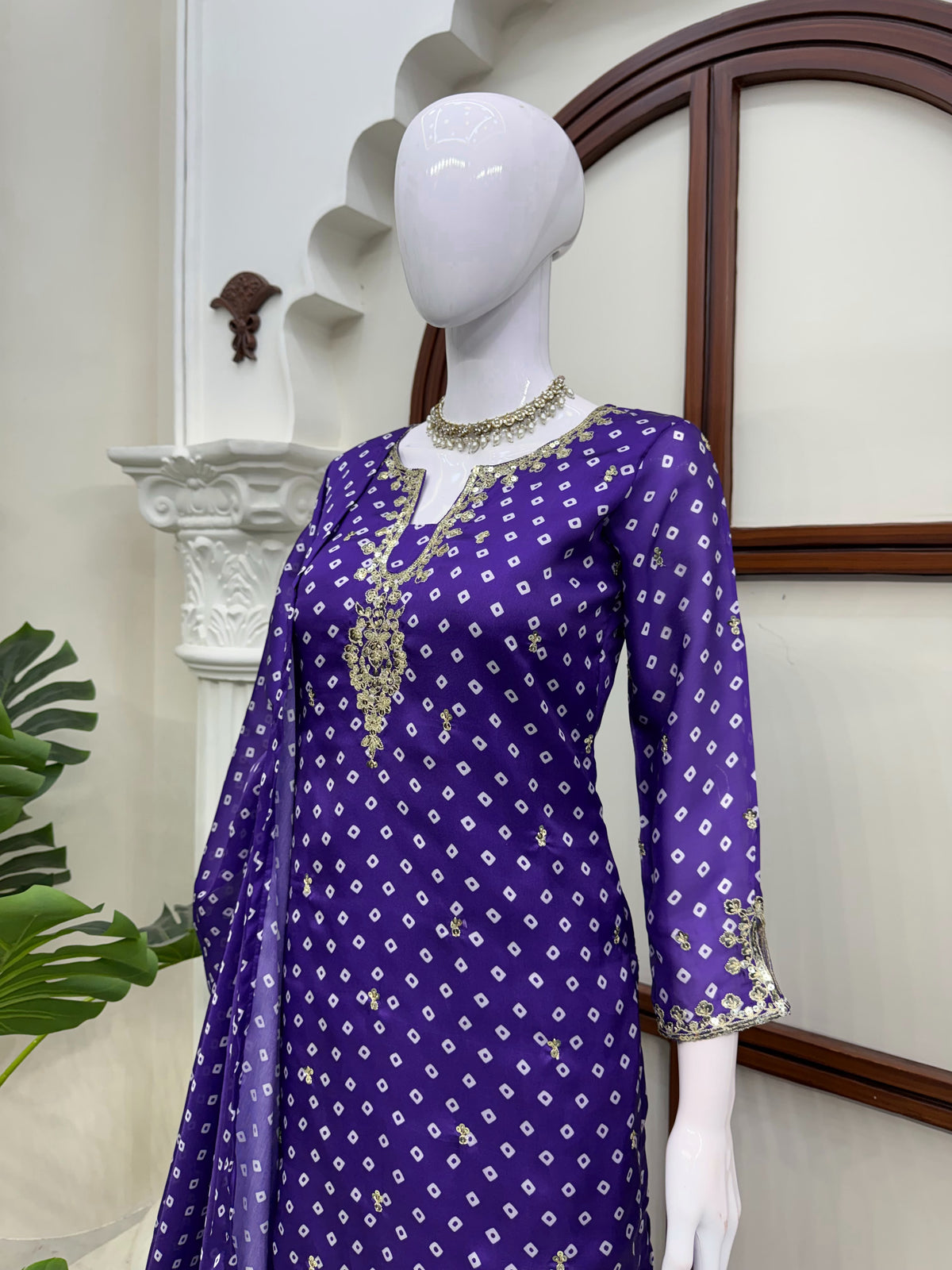 Royal Purple Georgette Straight Suit with Sequin Work