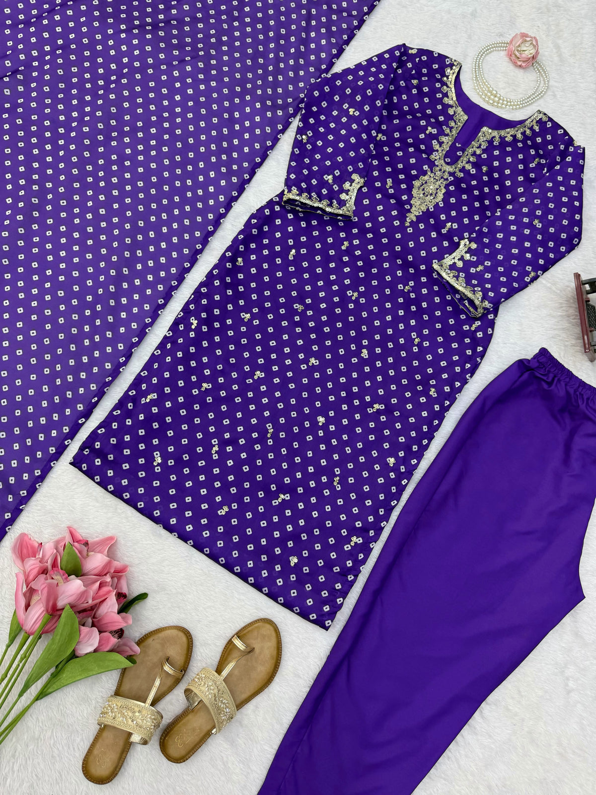 Royal Purple Georgette Straight Suit with Sequin Work