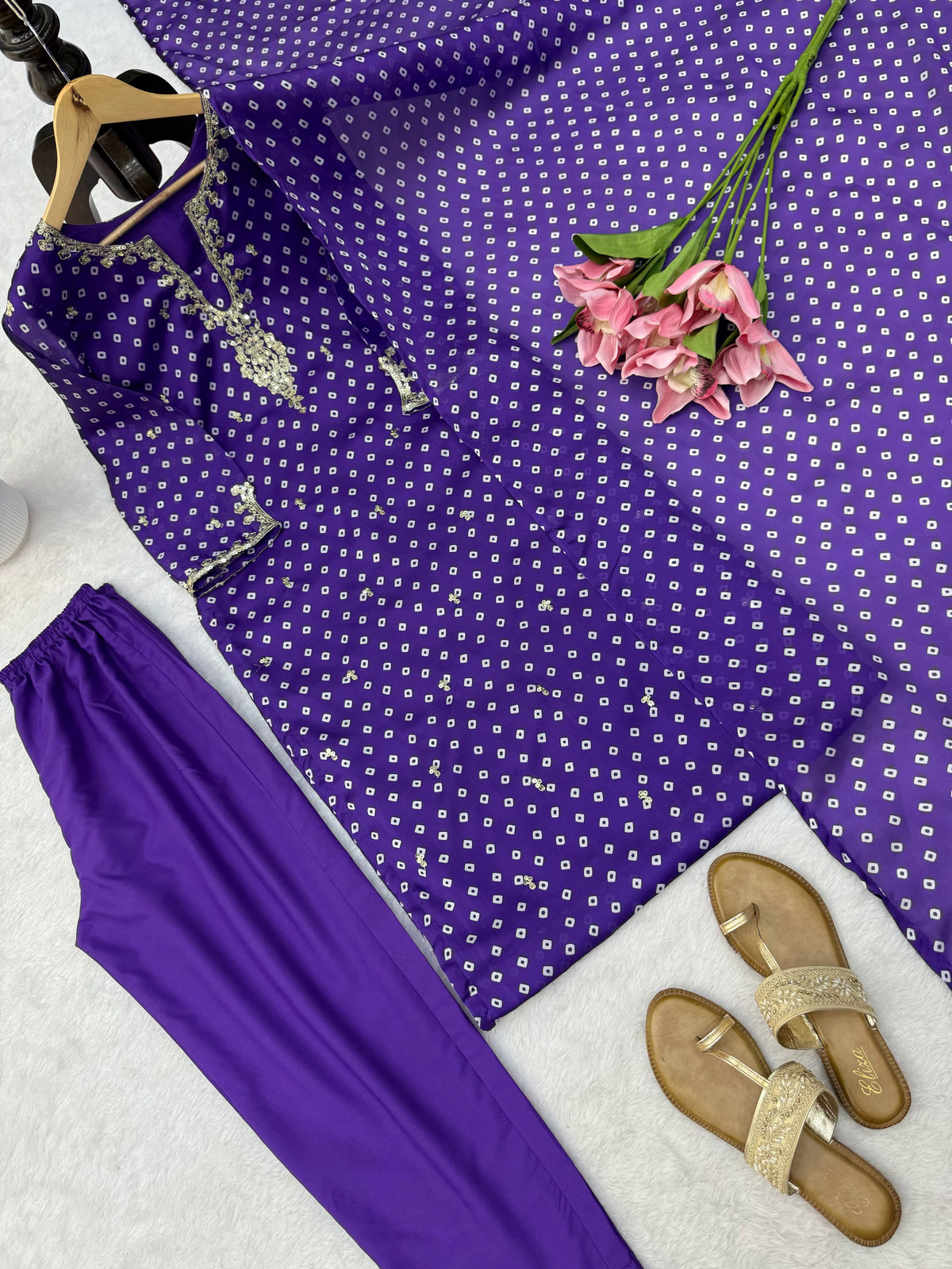 Royal Purple Georgette Straight Suit with Sequin Work