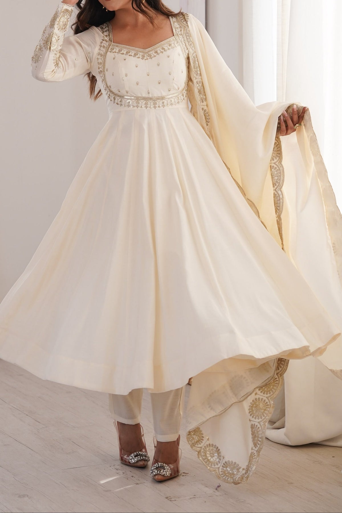 Elegant embroidered sequence designer anarkali three piece set