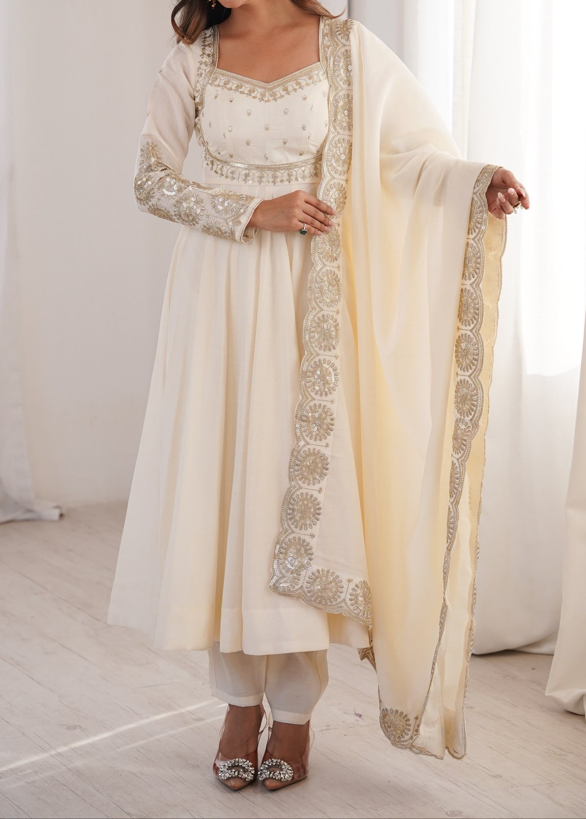Elegant embroidered sequence designer anarkali three piece set