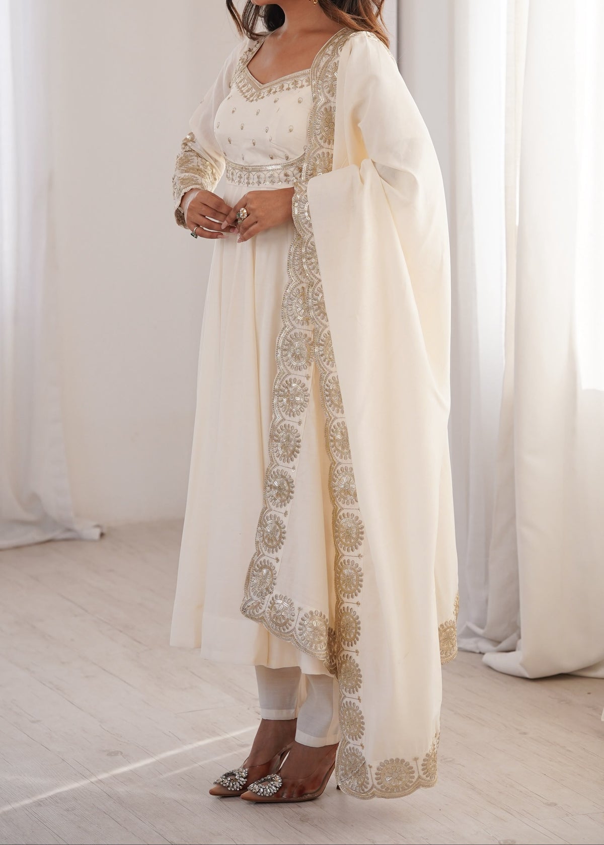 Elegant embroidered sequence designer anarkali three piece set