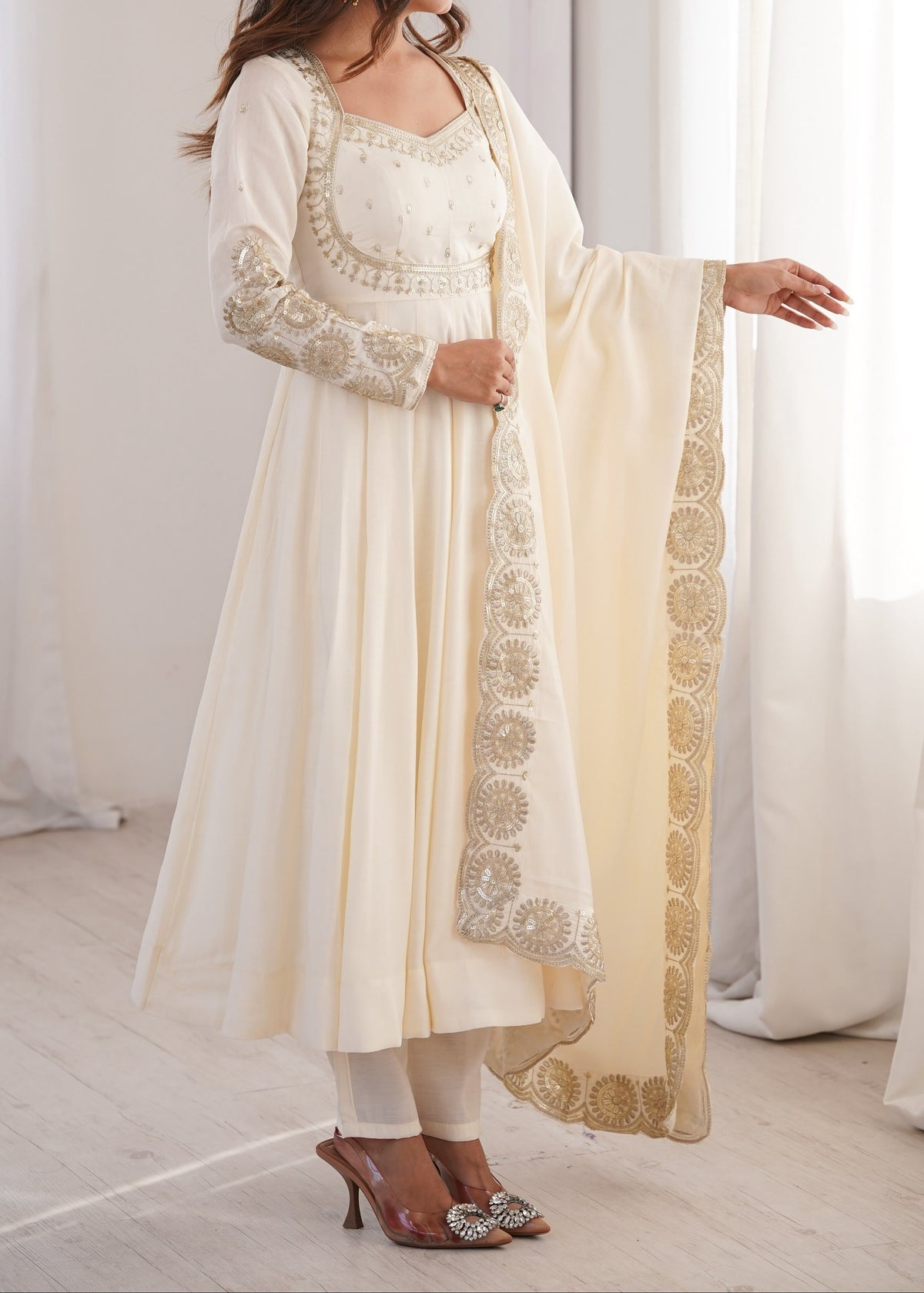 Elegant embroidered sequence designer anarkali three piece set