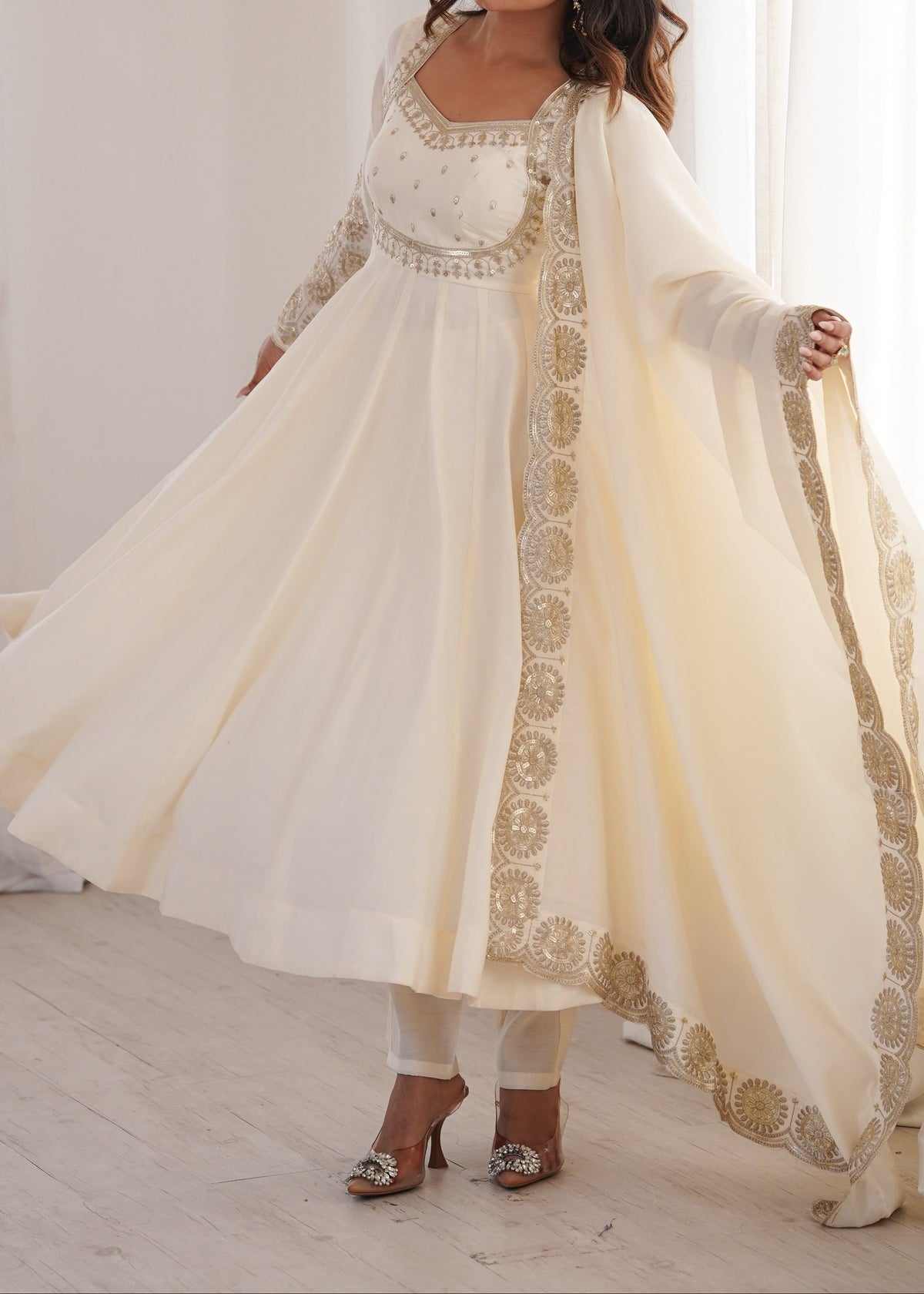 Elegant embroidered sequence designer anarkali three piece set