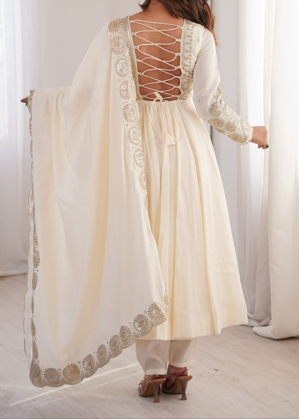 Elegant embroidered sequence designer anarkali three piece set