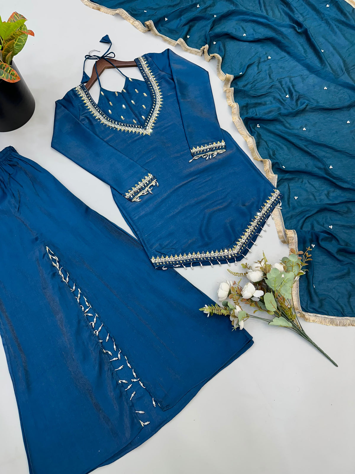 Designer party wear sharara set with lace border moti work