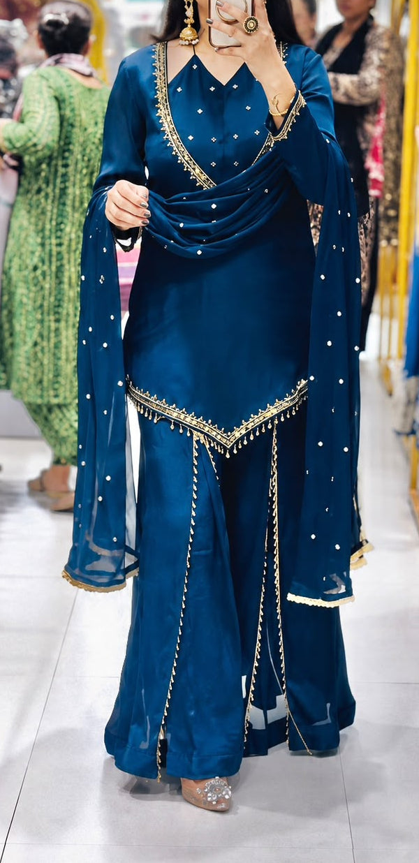 Designer party wear sharara set with lace border moti work