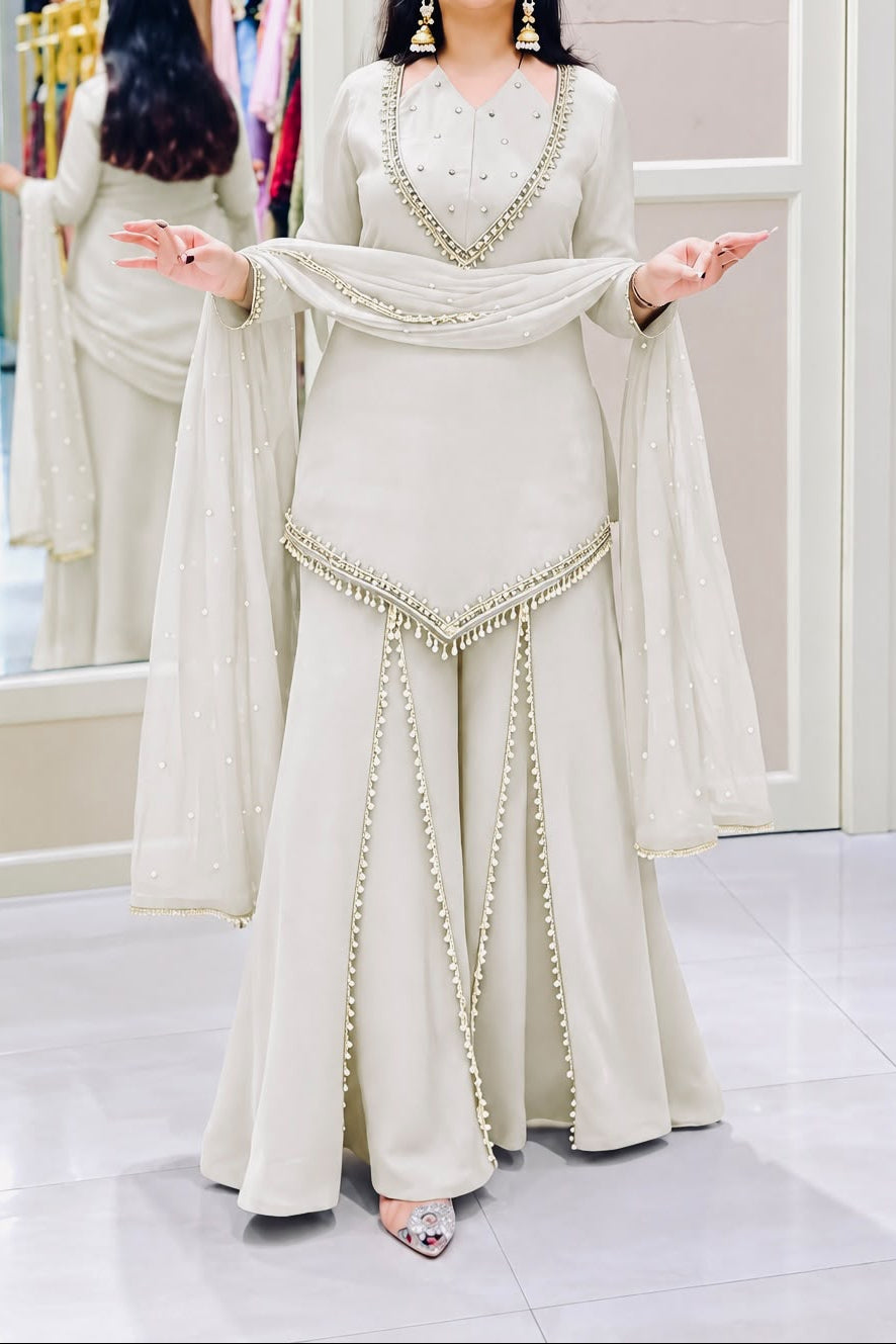 Designer party wear sharara set with lace border moti work