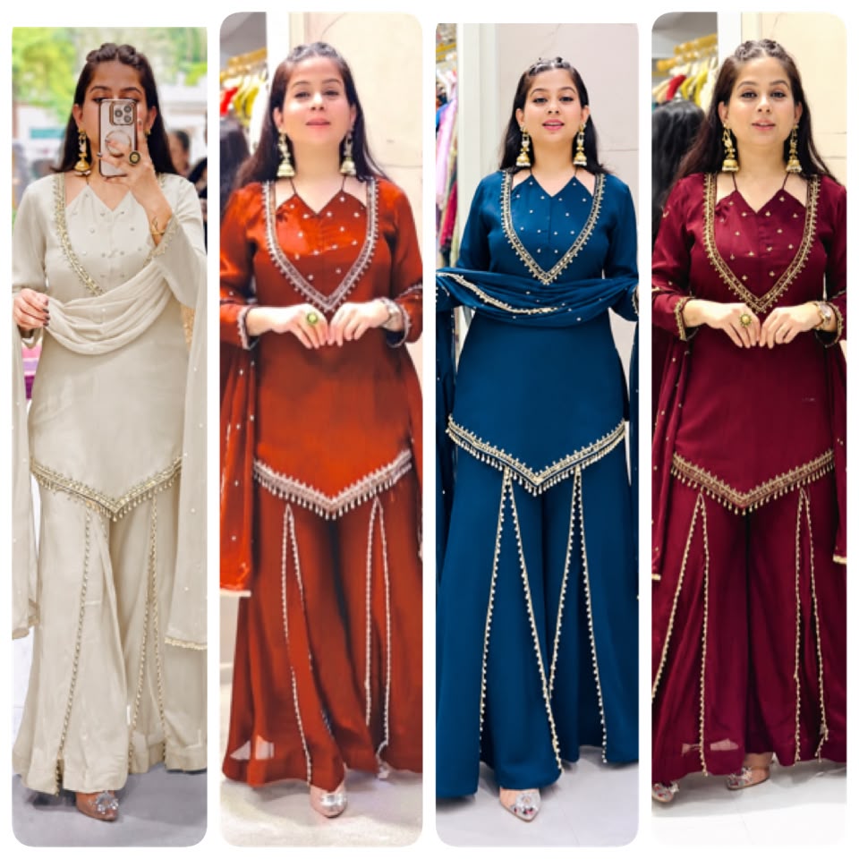 Designer party wear sharara set with lace border moti work