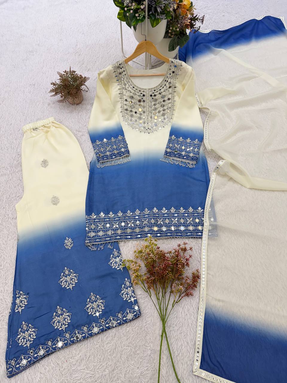 Real Mirror & Embroidery Work Fully Stitched Palazzo Set
