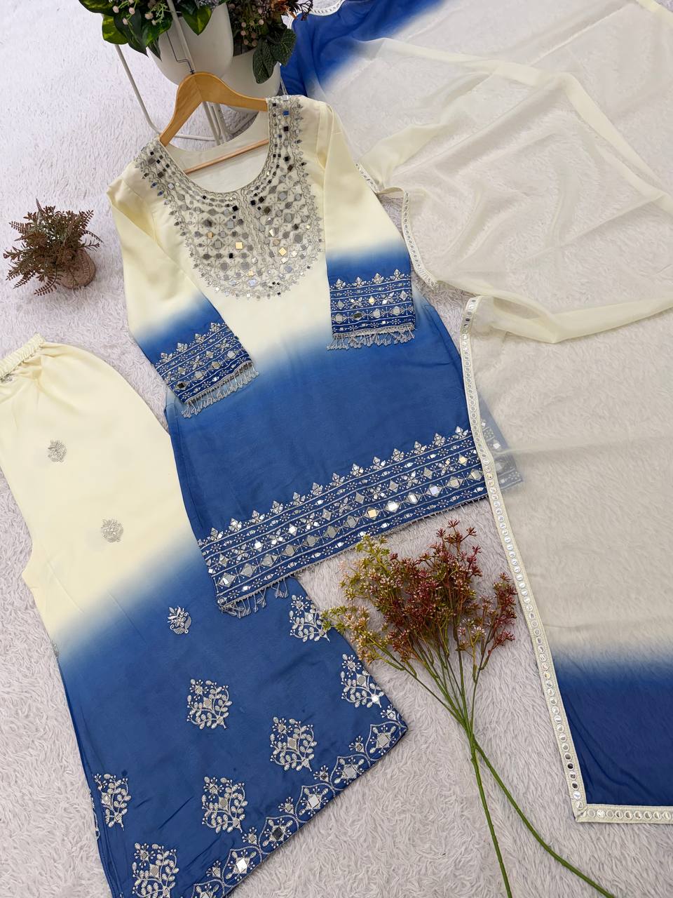 Real Mirror & Embroidery Work Fully Stitched Palazzo Set