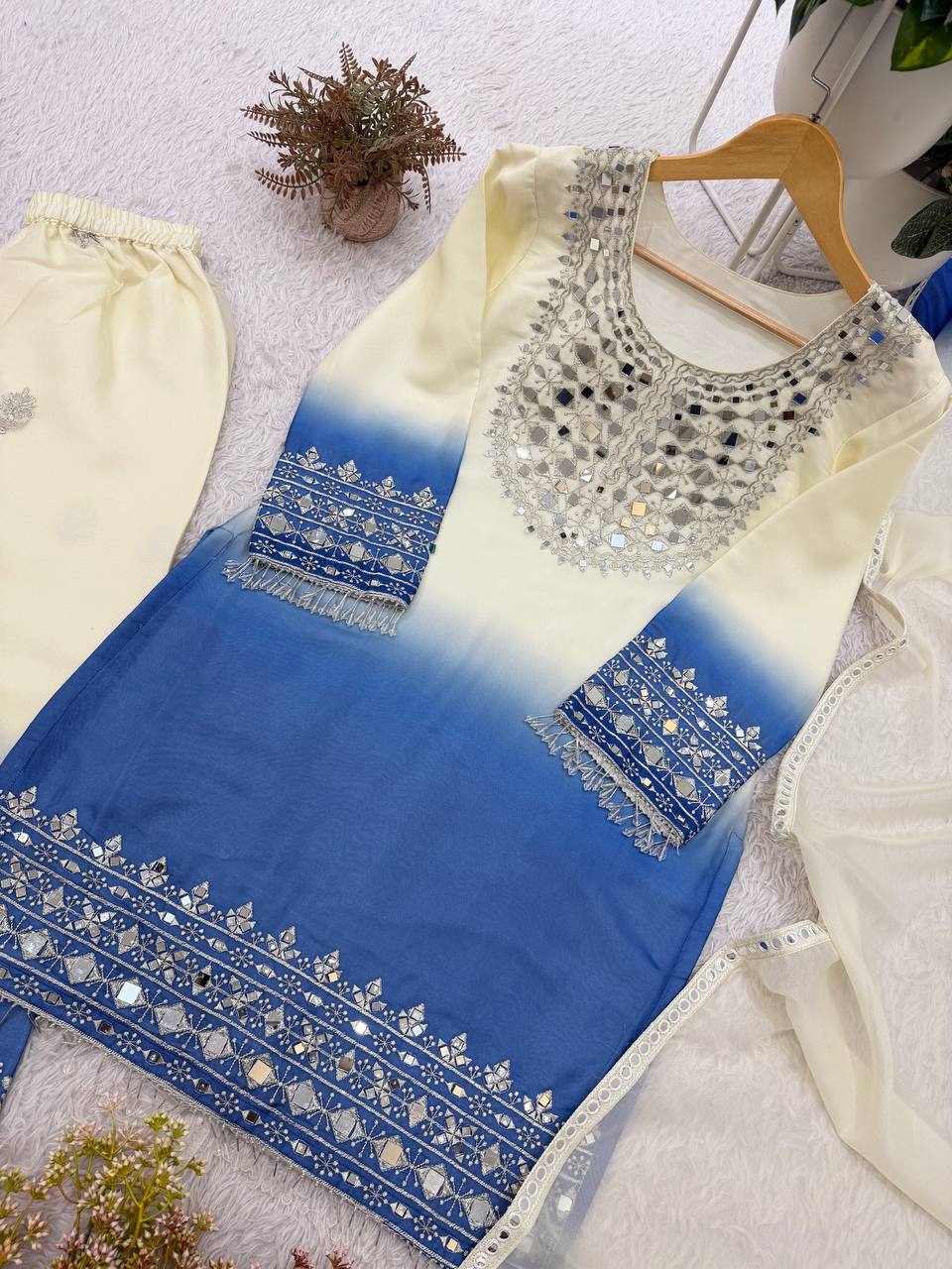 Real Mirror & Embroidery Work Fully Stitched Palazzo Set