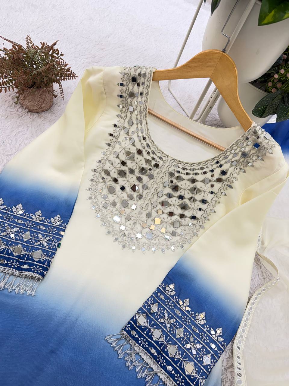 Real Mirror & Embroidery Work Fully Stitched Palazzo Set