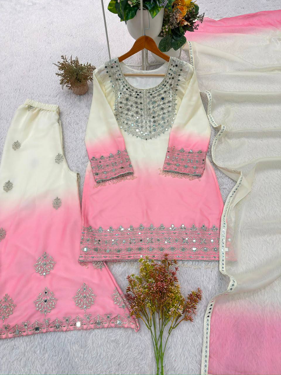 Real Mirror & Embroidery Work Fully Stitched Palazzo Set