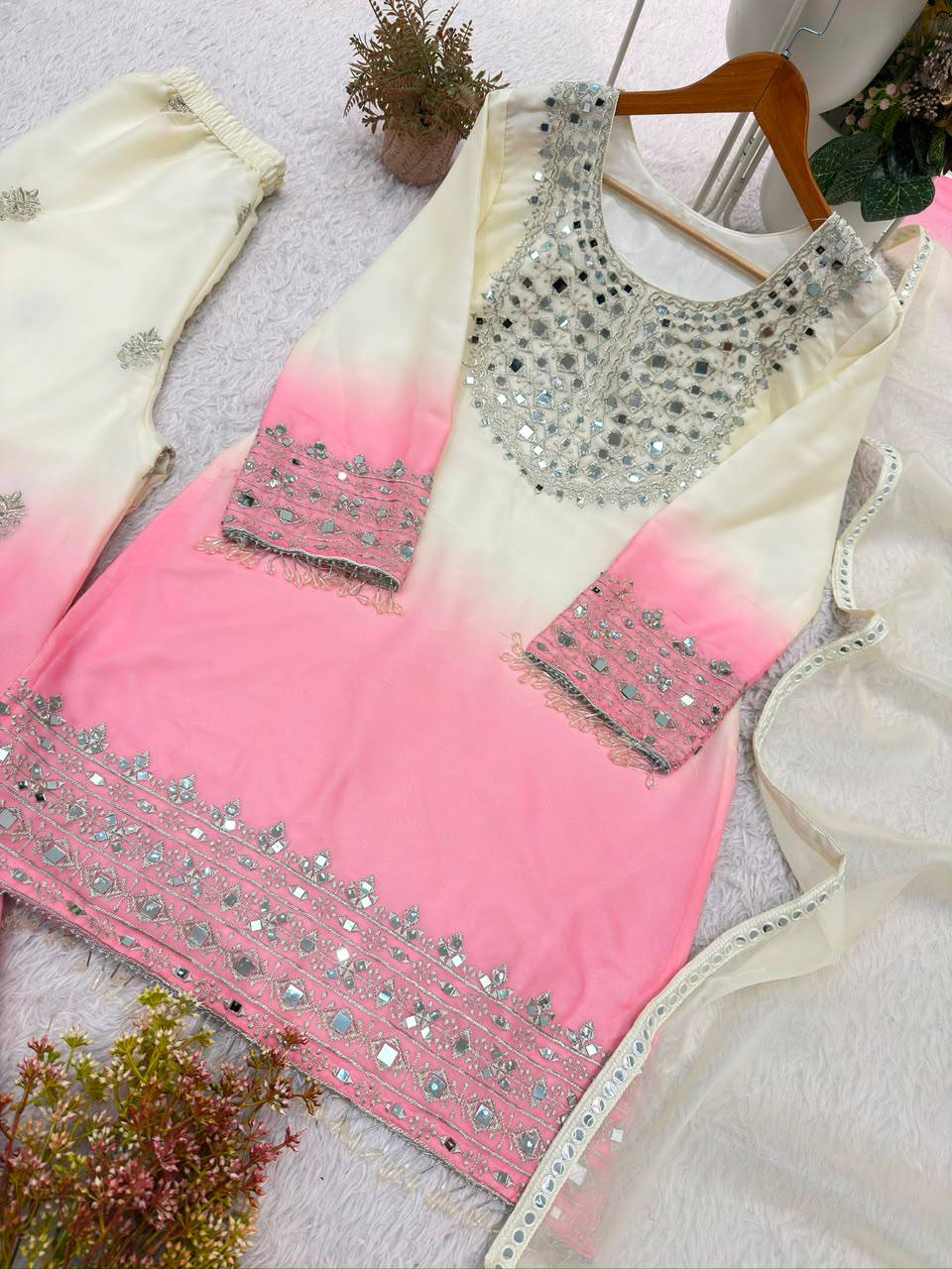 Real Mirror & Embroidery Work Fully Stitched Palazzo Set