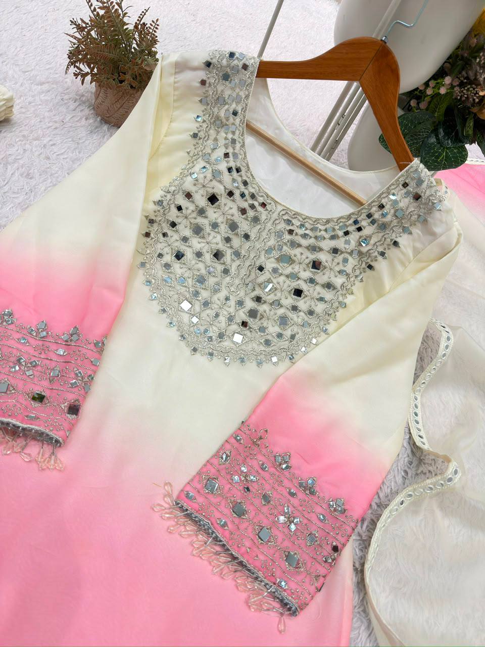 Real Mirror & Embroidery Work Fully Stitched Palazzo Set