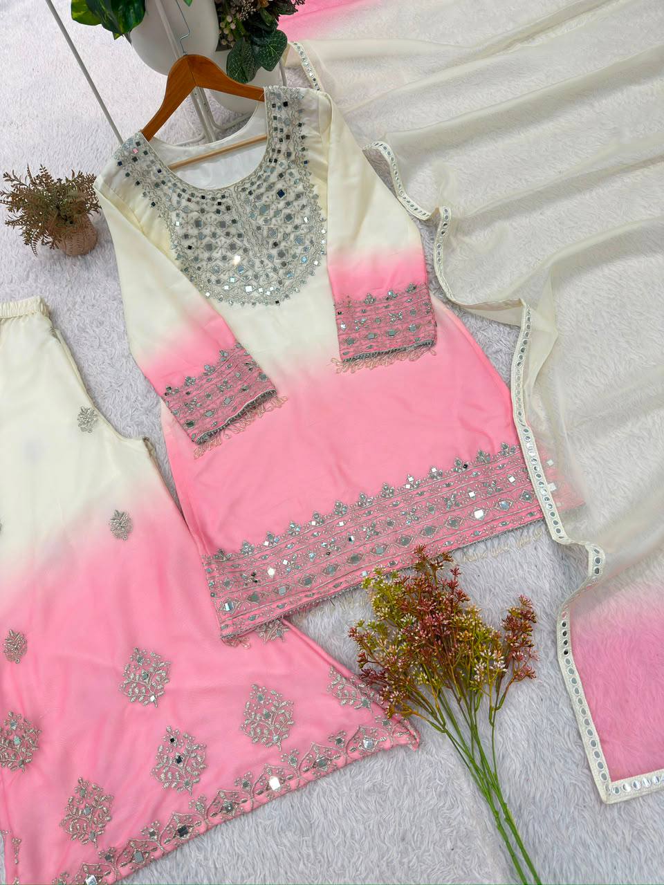 Real Mirror & Embroidery Work Fully Stitched Palazzo Set