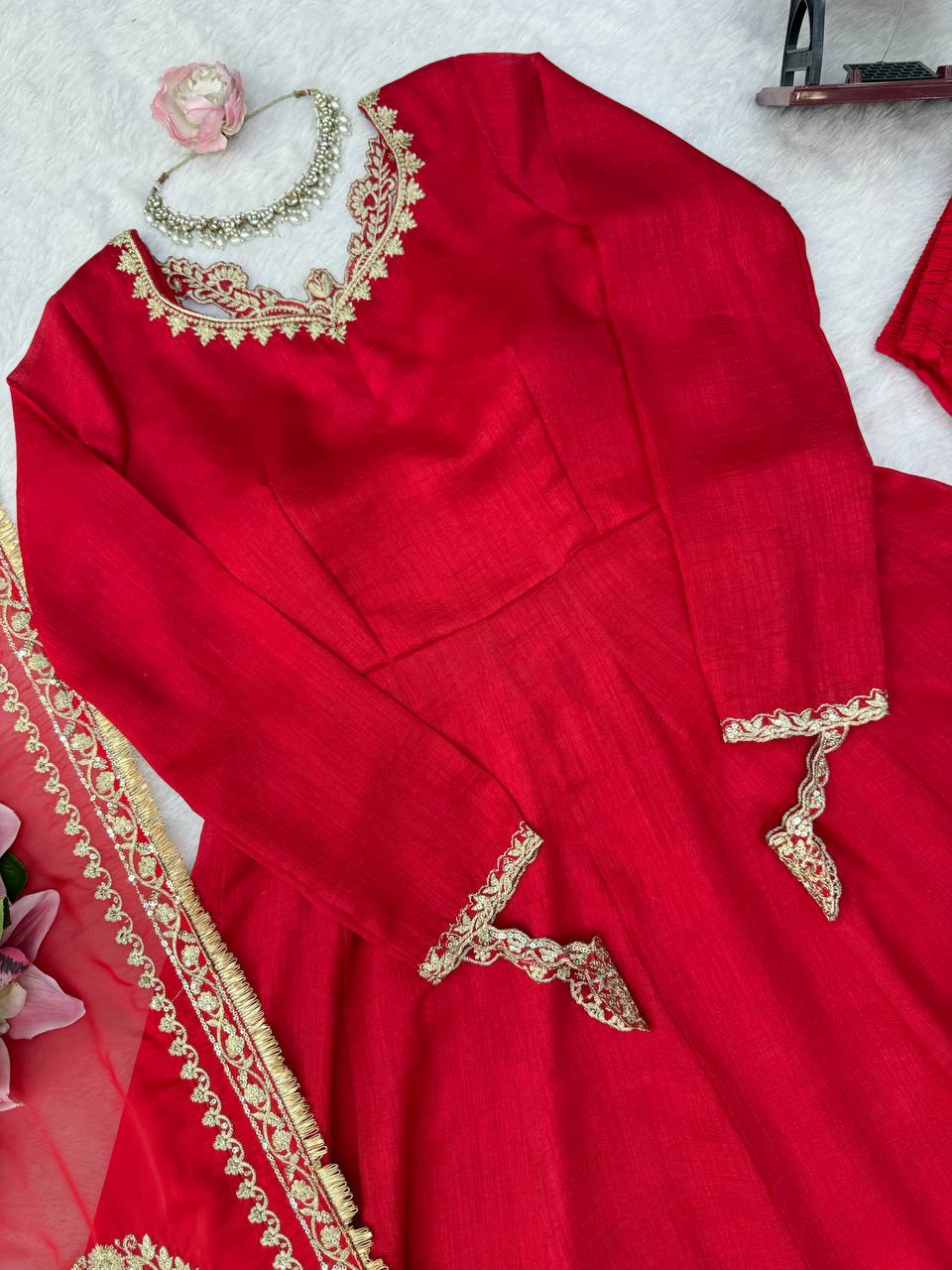 Red Premium Vichitra Silk Wedding Special Anarkali Suit Set
