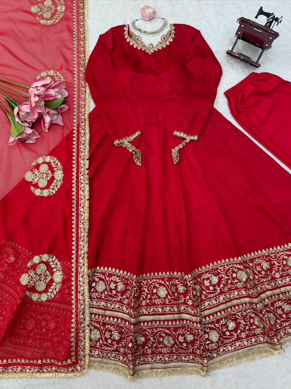 Red Premium Vichitra Silk Wedding Special Anarkali Suit Set