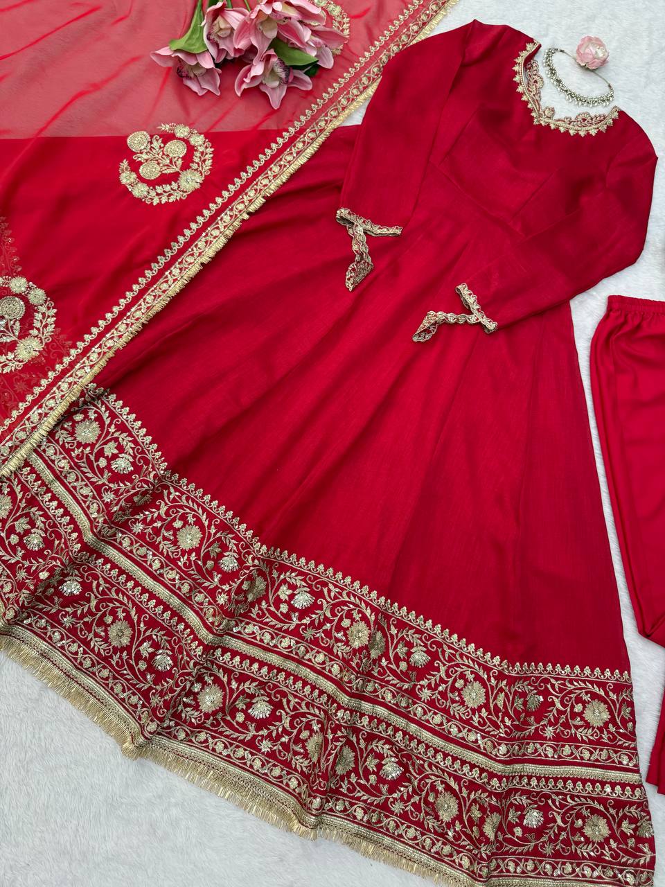 Red Premium Vichitra Silk Wedding Special Anarkali Suit Set