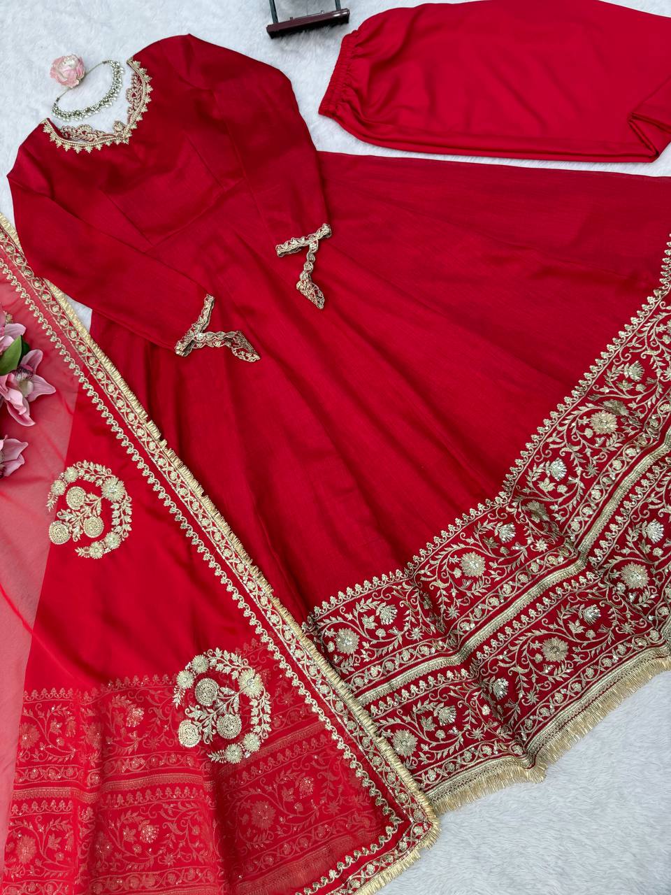 Red Premium Vichitra Silk Wedding Special Anarkali Suit Set