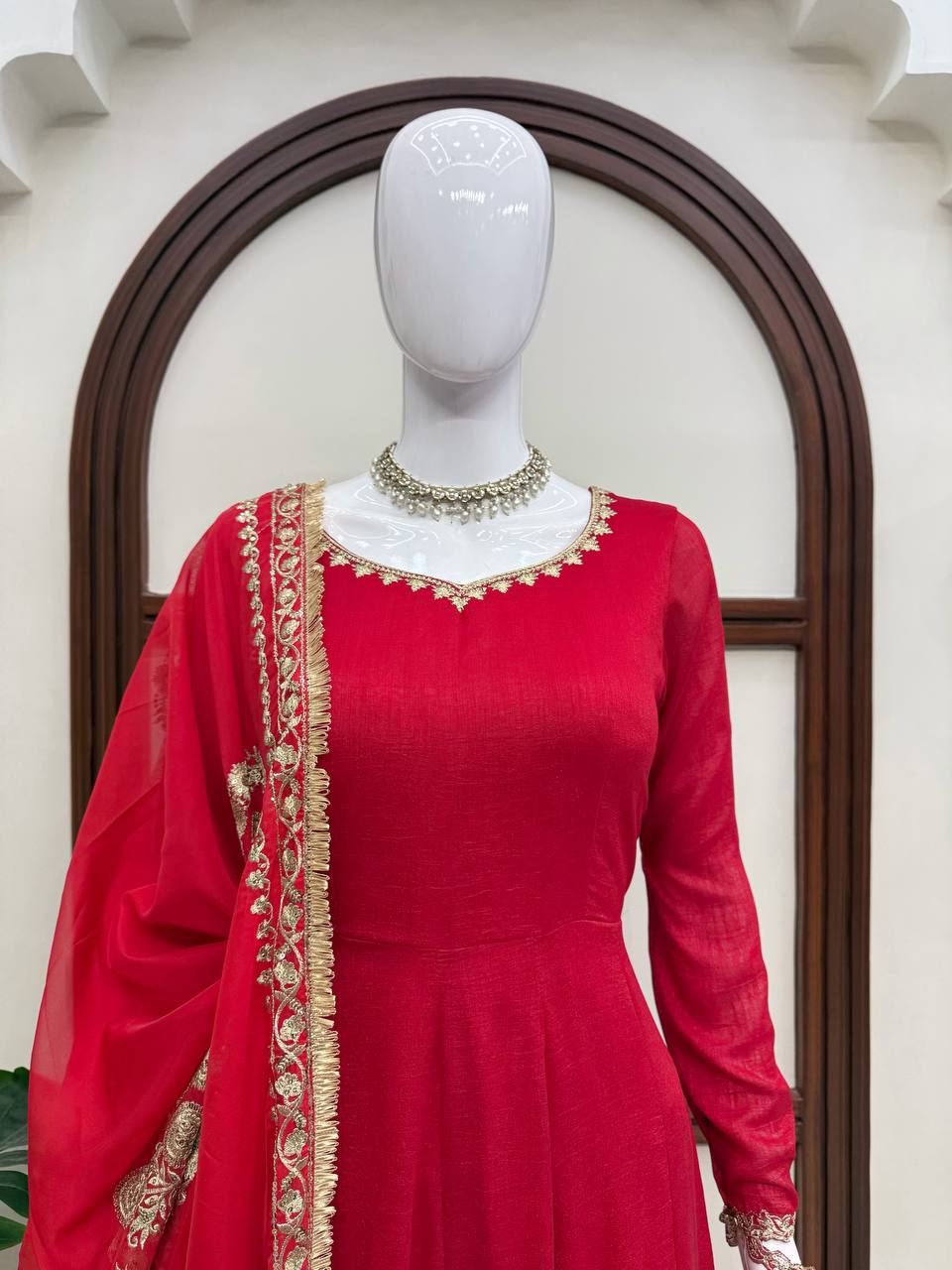 Red Premium Vichitra Silk Wedding Special Anarkali Suit Set