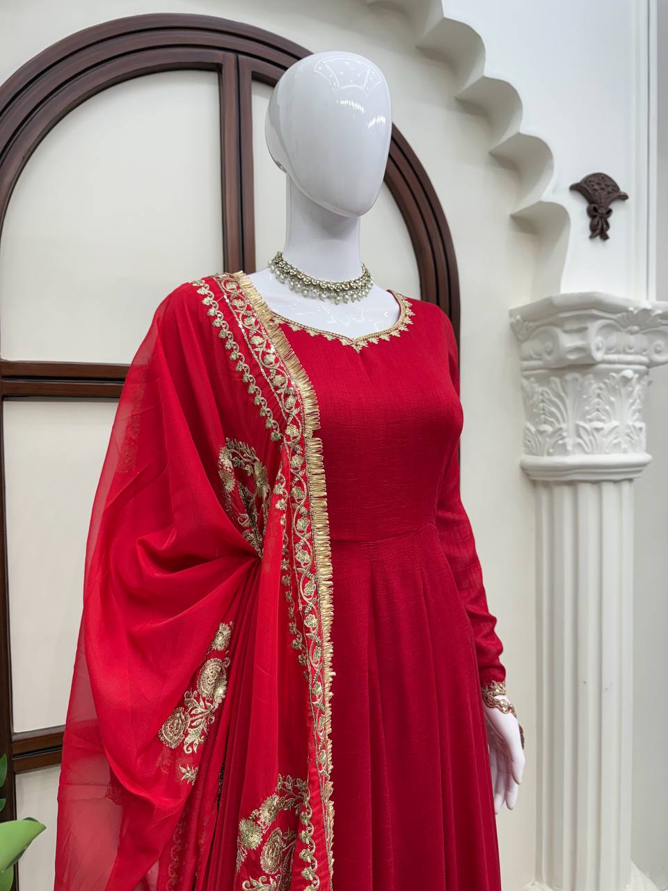 Red Premium Vichitra Silk Wedding Special Anarkali Suit Set