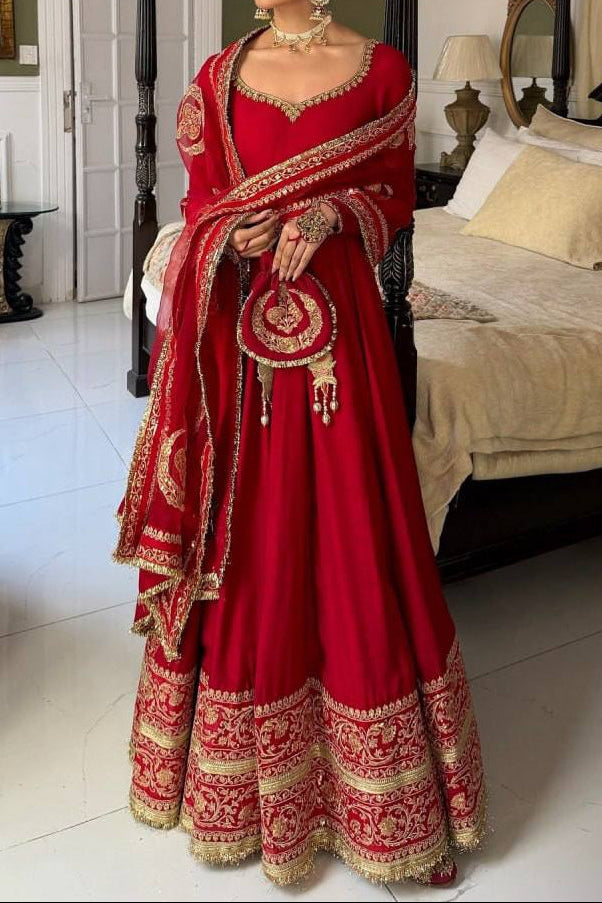 Red Premium Vichitra Silk Wedding Special Anarkali Suit Set