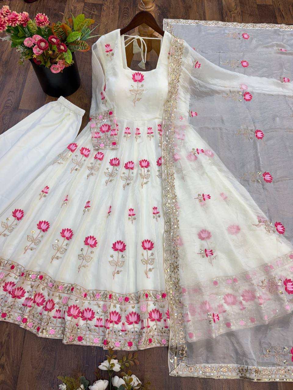 Festive Wear Fendy Silk Heavy Sequin Embroidery Work Anarkali Set