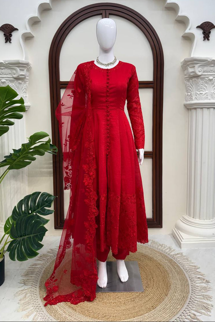 Premium Red Pure Vichitra Silk Thread & Sequence Work Anarkali Set