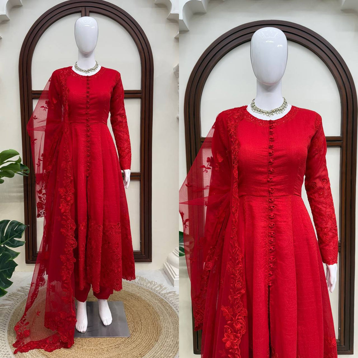 Premium Red Pure Vichitra Silk Thread & Sequence Work Anarkali Set