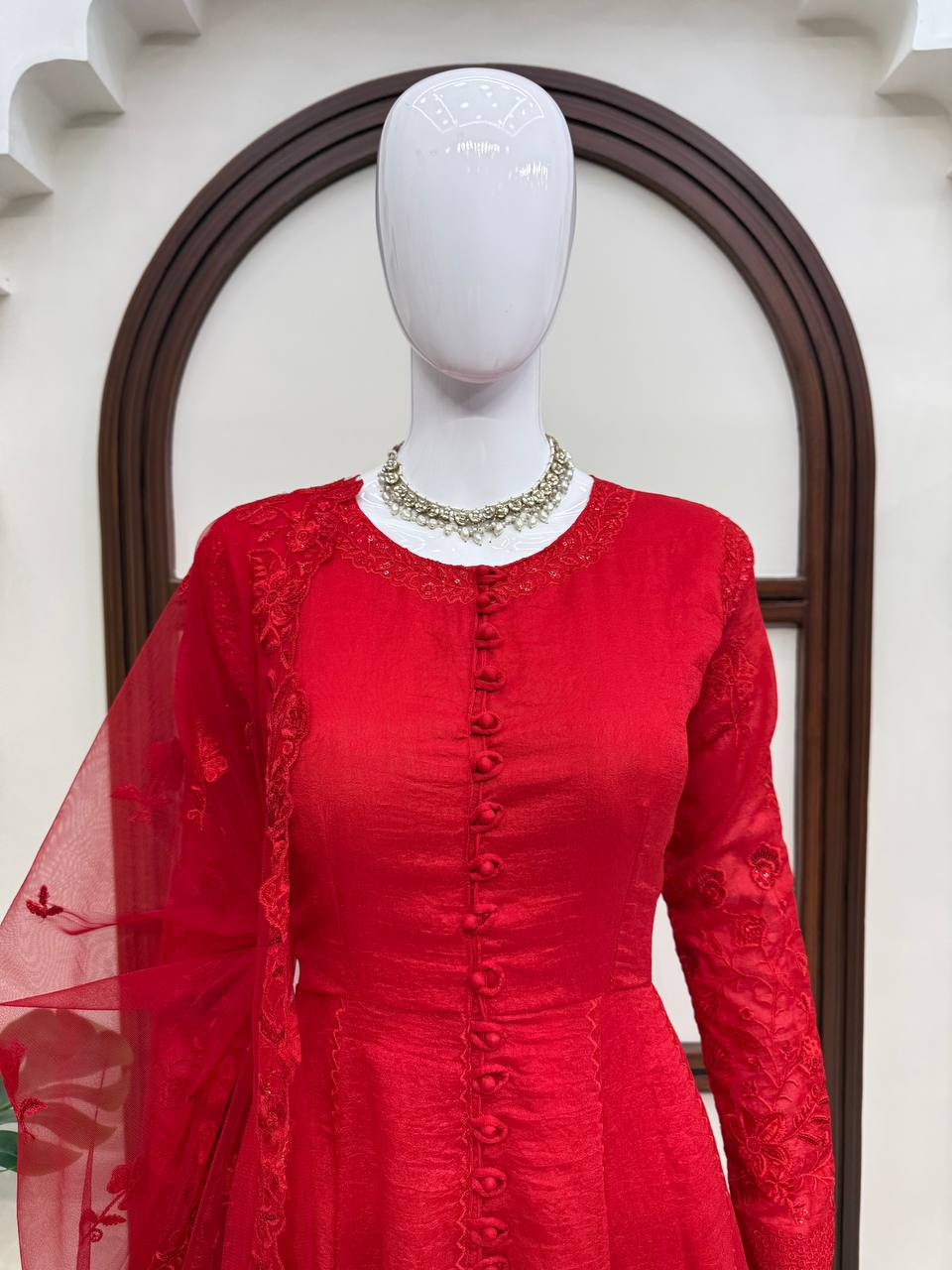 Premium Red Pure Vichitra Silk Thread & Sequence Work Anarkali Set