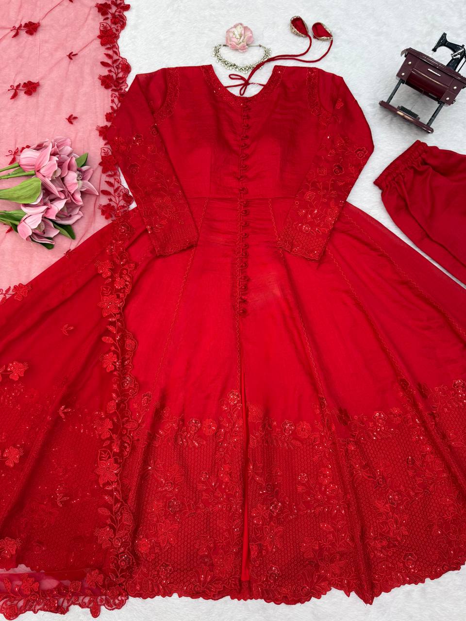 Premium Red Pure Vichitra Silk Thread & Sequence Work Anarkali Set