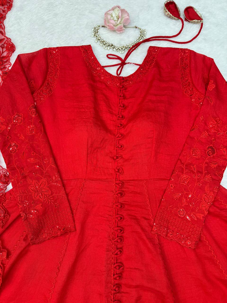Premium Red Pure Vichitra Silk Thread & Sequence Work Anarkali Set
