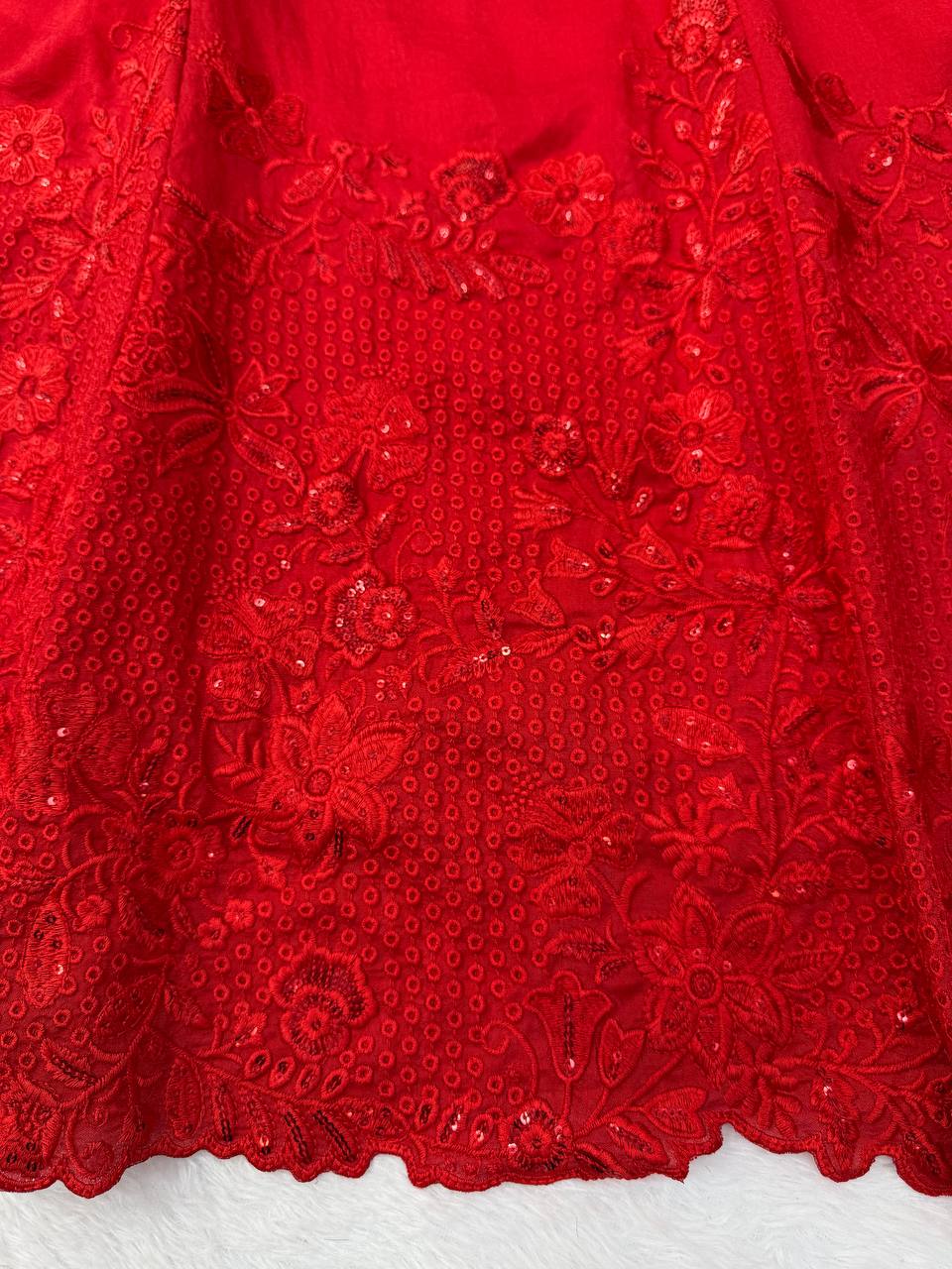 Premium Red Pure Vichitra Silk Thread & Sequence Work Anarkali Set