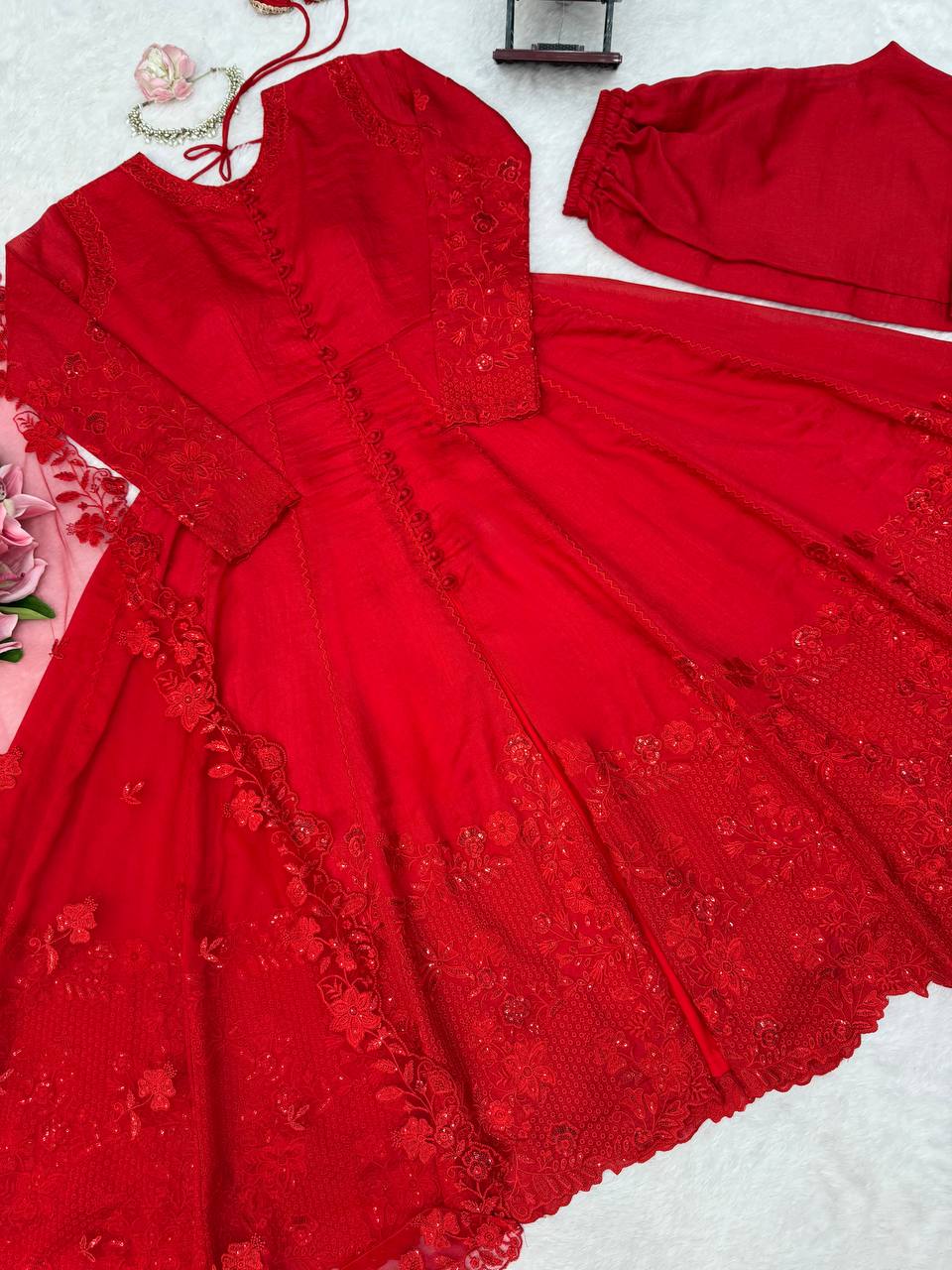 Premium Red Pure Vichitra Silk Thread & Sequence Work Anarkali Set
