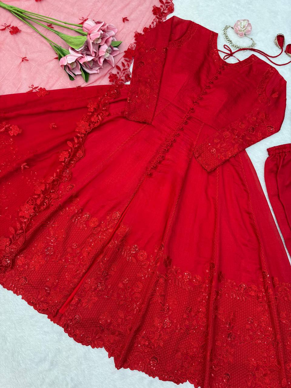 Premium Red Pure Vichitra Silk Thread & Sequence Work Anarkali Set