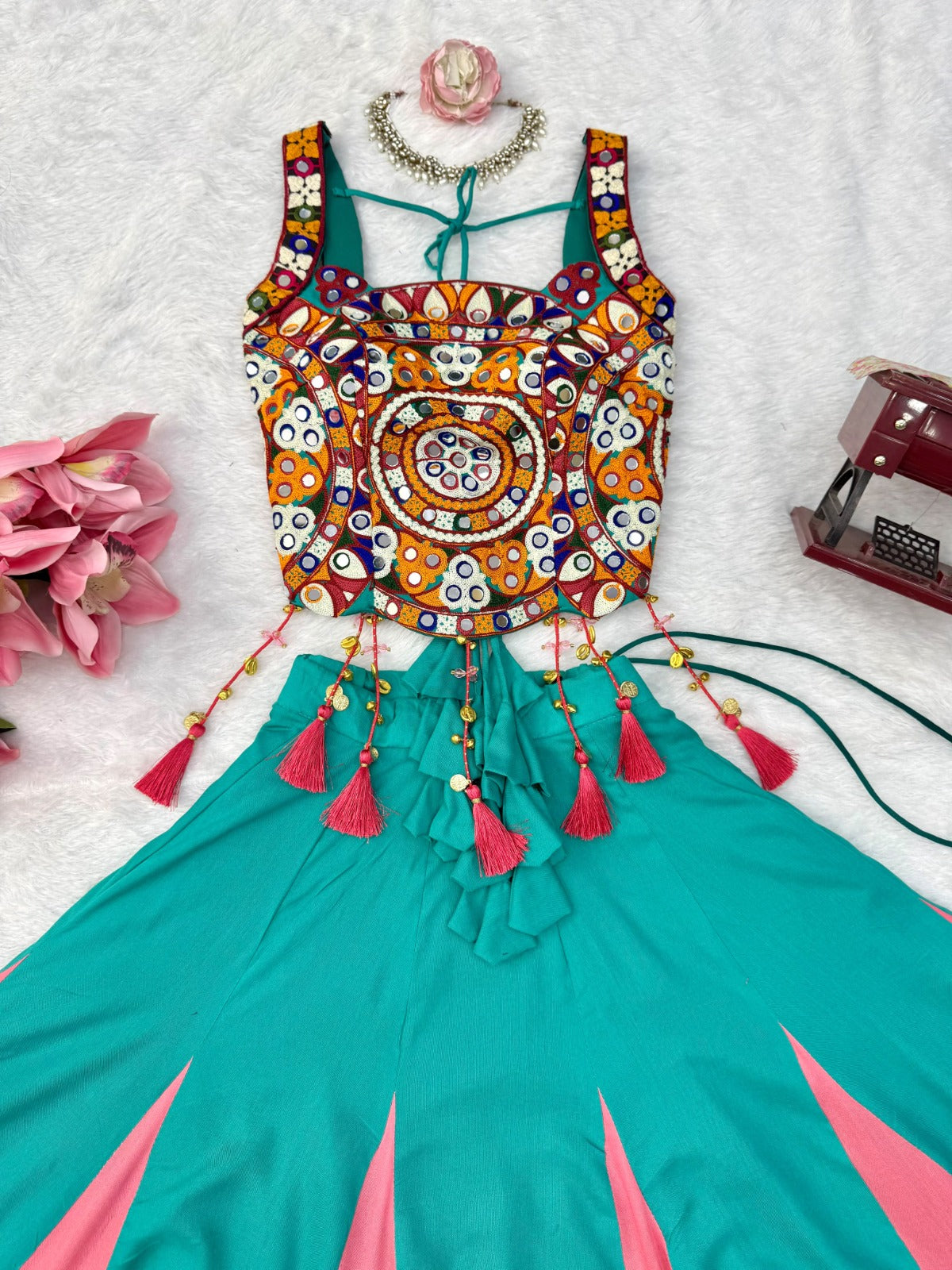 Designer Heavy Rayon Lehenga with Lagdi Patta Lace and Mirror Work