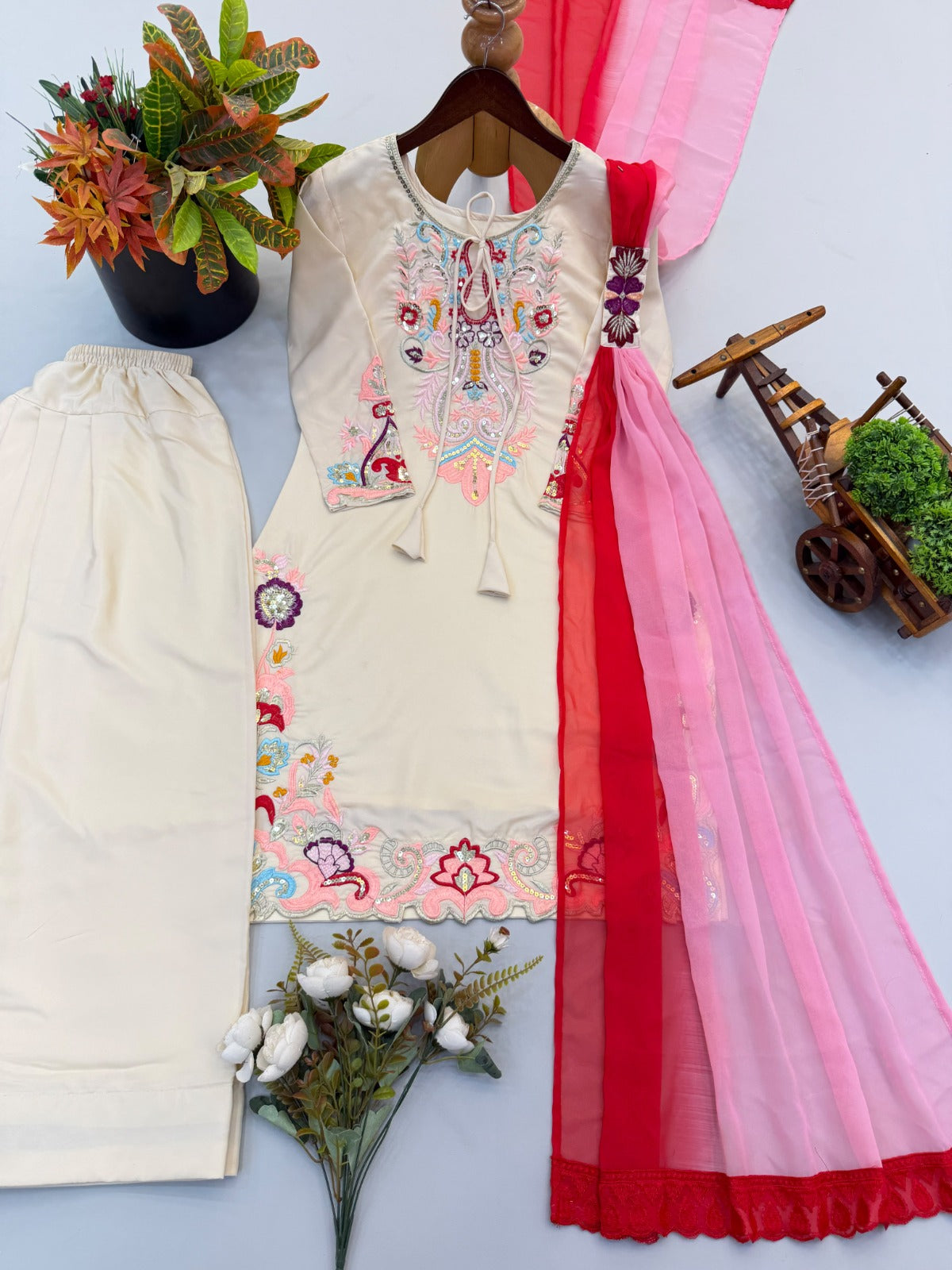 Gorgeous Pure Heavy Natural Satin Farshi suit With Embroidery Work