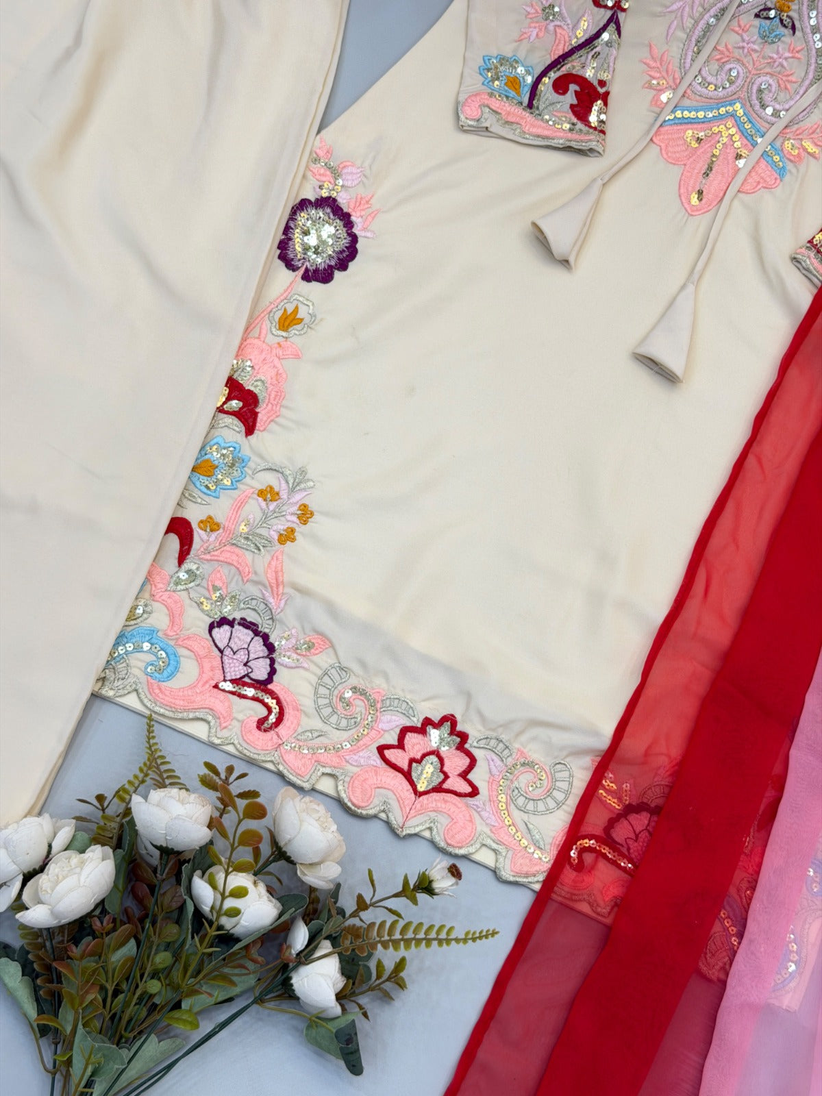 Gorgeous Pure Heavy Natural Satin Farshi suit With Embroidery Work