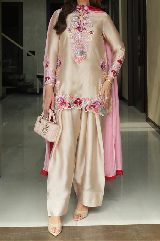 Gorgeous Pure Heavy Natural Satin Farshi suit With Embroidery Work