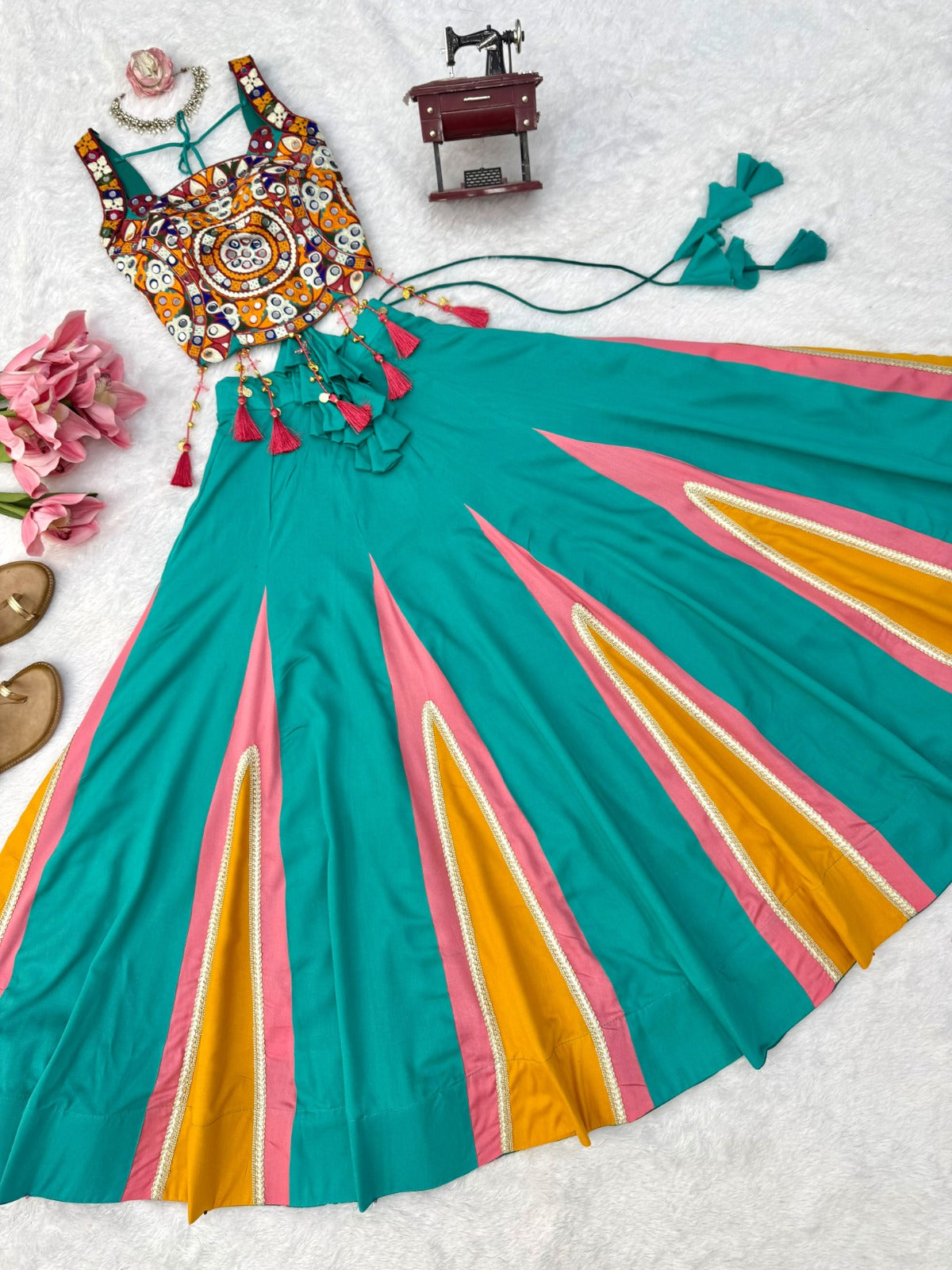 Designer Heavy Rayon Lehenga with Lagdi Patta Lace and Mirror Work