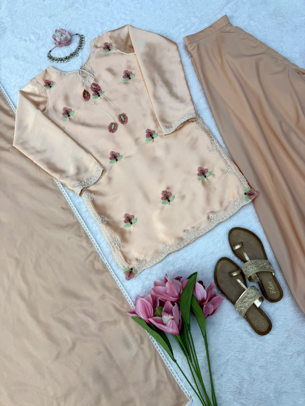 Party Wear Designer Cream Japan Satin Thread Work Sharara Set