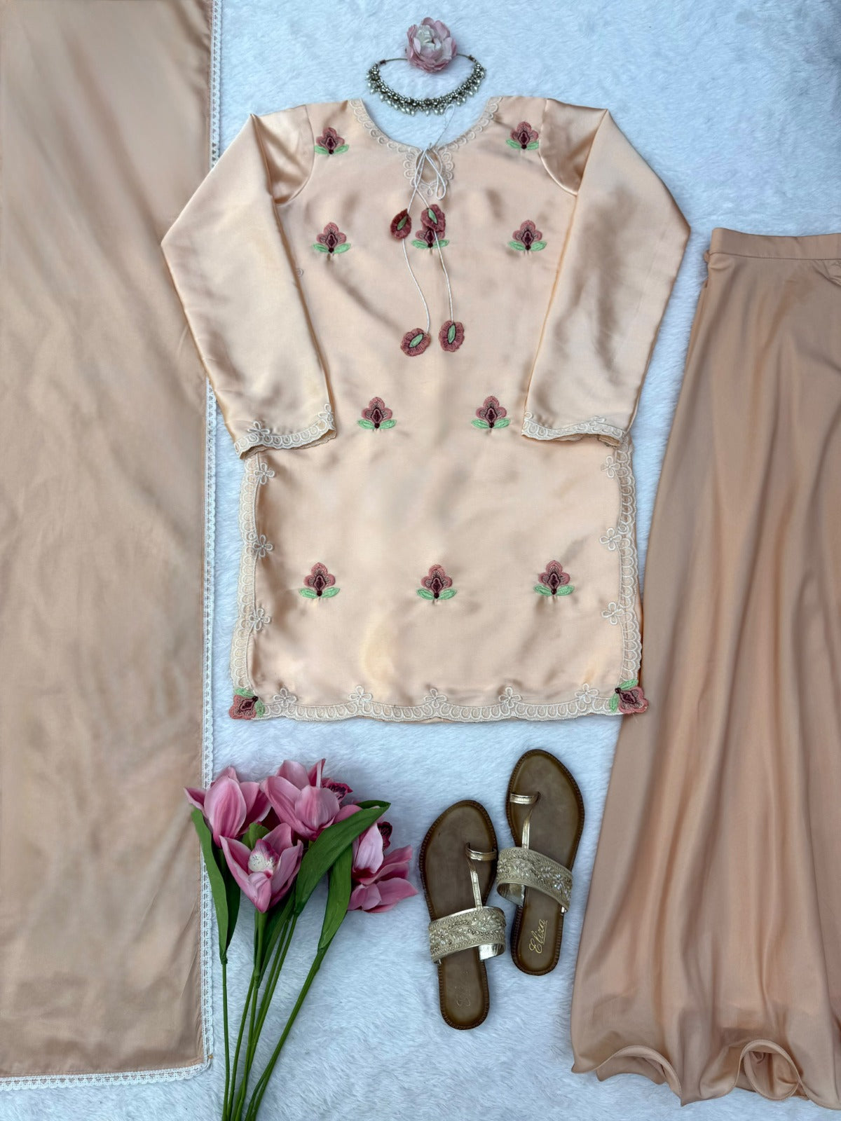 Party Wear Designer Cream Japan Satin Thread Work Sharara Set