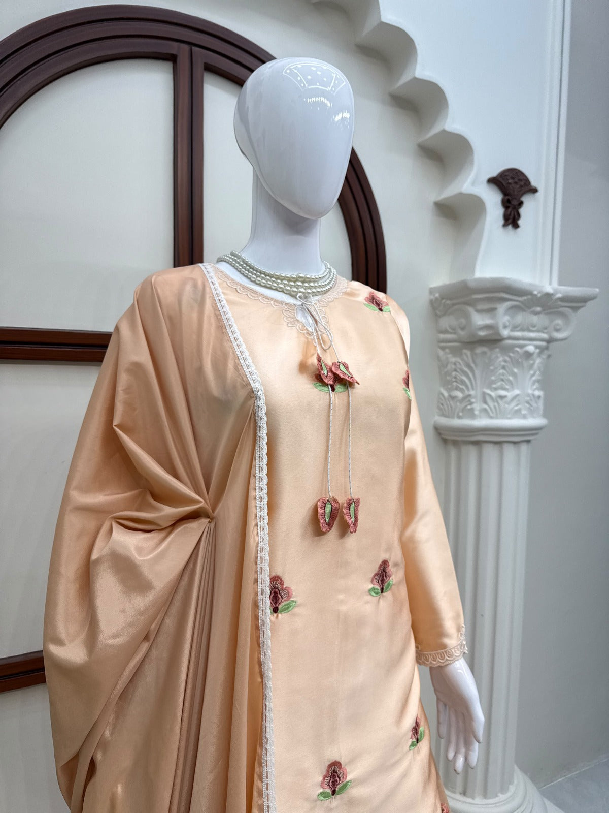 Party Wear Designer Cream Japan Satin Thread Work Sharara Set