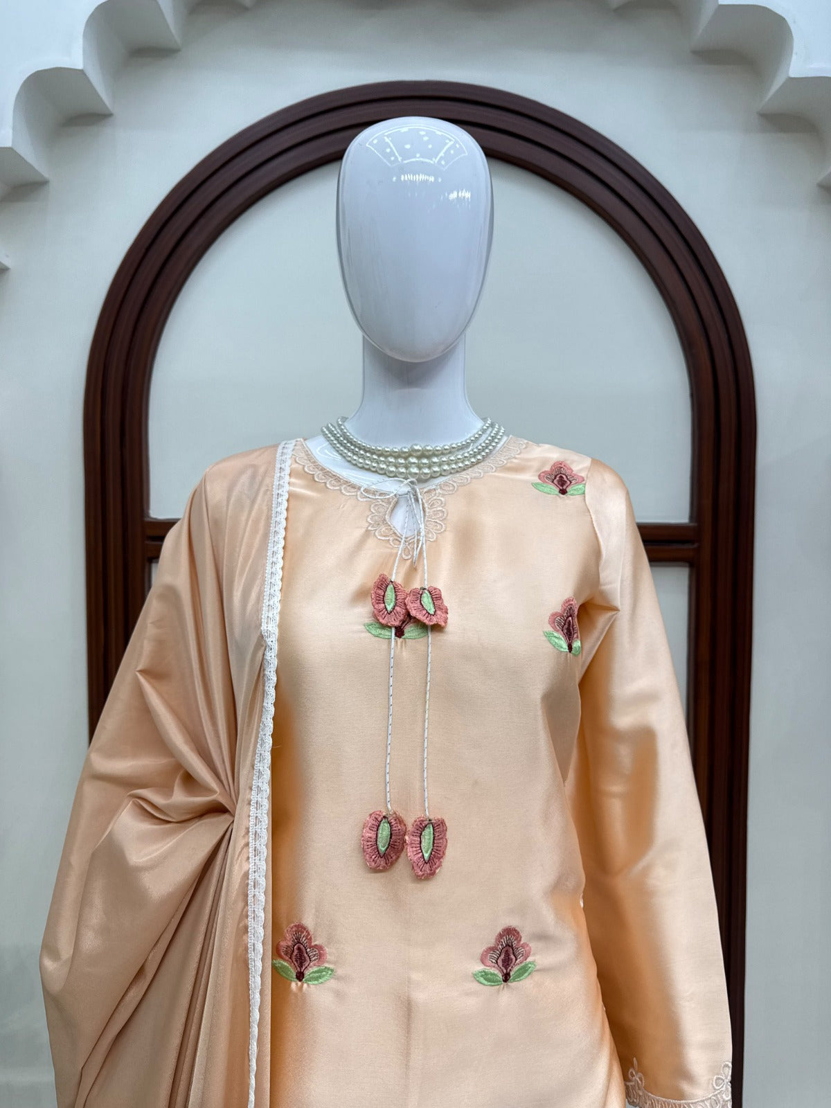 Party Wear Designer Cream Japan Satin Thread Work Sharara Set