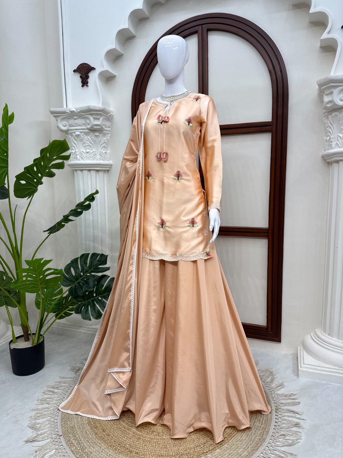Party Wear Designer Cream Japan Satin Thread Work Sharara Set